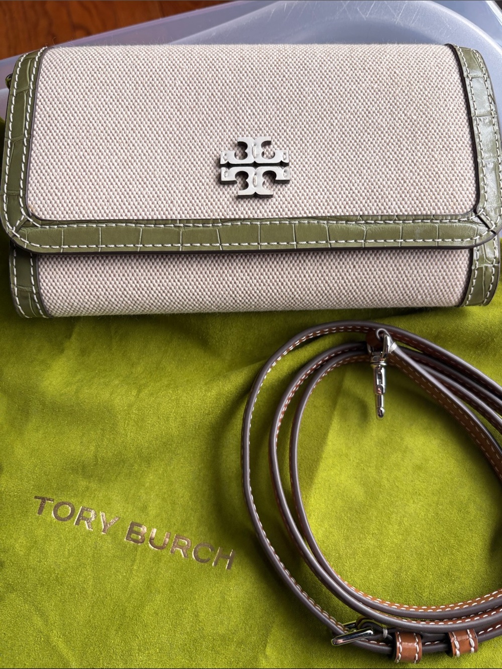 Tory Burch Thea Flat Wallet Crossbody Canvas Green Croc-embossed leather trim